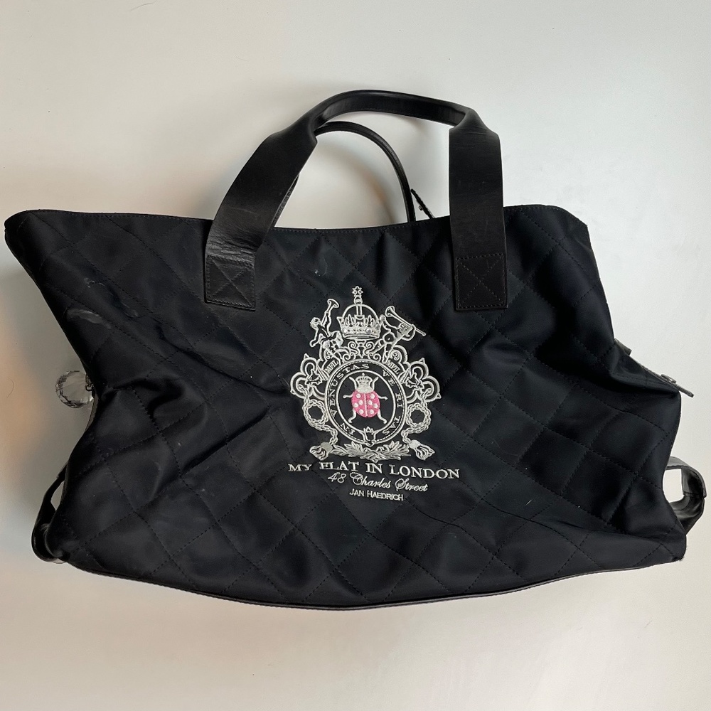 My Flat In London Black Nylon and Pink Snap Closure at Top Large Tote Bag